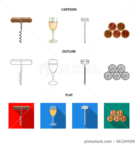 Corkscrew, alcohol counter, barrels in the vault, a glass of white wine. Wine production set Corkscrew, alcohol counter, barrels in the vault, a glass of white wine. Wine production set 46194599