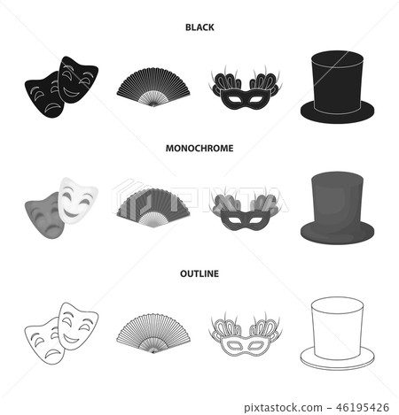Theatrical mask, cylinder, fan, mask on the eyes. Theater set collection icons in black,monochrome 46195426