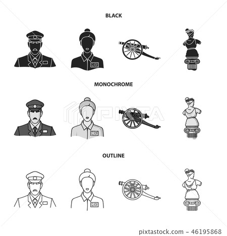 Guard, guide, statue, gun. Museum set collection icons in black,monochrome,outline style vector Guard, guide, statue, gun. Museum set collection icons in black,monochrome,outline style vector 46195868