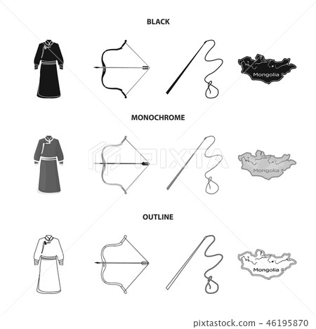 .mongol dressing gown, battle bow, theria on the map, Urga, Khlyst. Mongolia set collection icons in .mongol dressing gown, battle bow, theria on the map, Urga, Khlyst. Mongolia set collection icons in 46195870