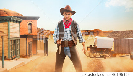 Cowboy with revolver, front view, gunfight Cowboy with revolver, front view, gunfight 46196304