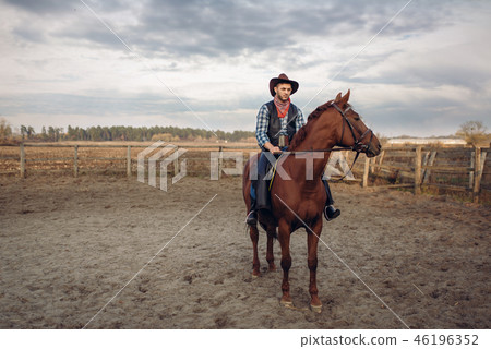 Cowboy riding a horse on a ranch, western Cowboy riding a horse on a ranch, western 46196352