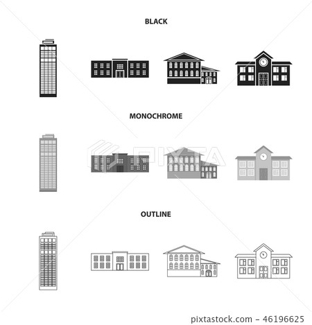 Skyscraper, police, hotel, school.Building set collection icons in black,monochrome,outline style Skyscraper, police, hotel, school.Building set collection icons in black,monochrome,outline style 46196625
