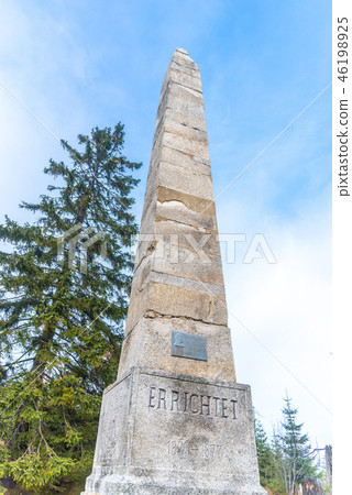 Stone monument of Adalbert Stifter - writer of Sumava Mounains - above Plechy Lake, Sumava National 46198925