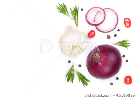 red onions, garlic with rosemary and peppercorns isolated on a white background with copy space for red onions, garlic with rosemary and peppercorns isolated on a white background with copy space for 46199059