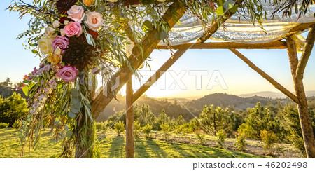 Flowers and lace on Jewish wooden Chuppah 46202498