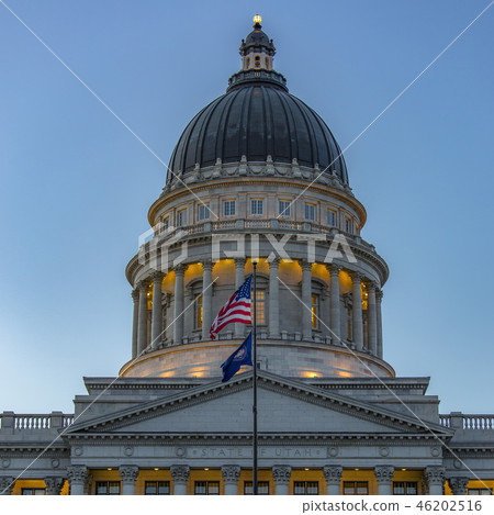 Facade of Utah State Capital building at twilight 46202516