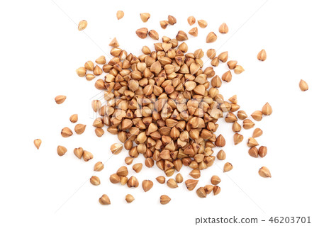buckwheat grain isolated on white background close up. Top view buckwheat grain isolated on white background close up. Top view 46203701