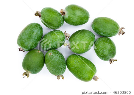 Tropical fruit feijoa Acca sellowiana isolated on white background. Top view. Flat lay pattern 46203800