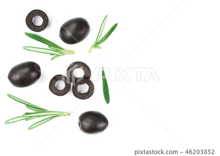 whole and sliced black olives with rosemary leaves isolated on white background. Top view. Flat lay whole and sliced black olives with rosemary leaves isolated on white background. Top view. Flat lay 46203852
