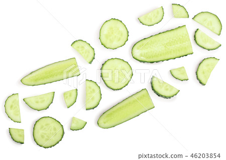 Cucumber slices isolated on white background with copy space for your text. Top view. Flat lay Cucumber slices isolated on white background with copy space for your text. Top view. Flat lay 46203854