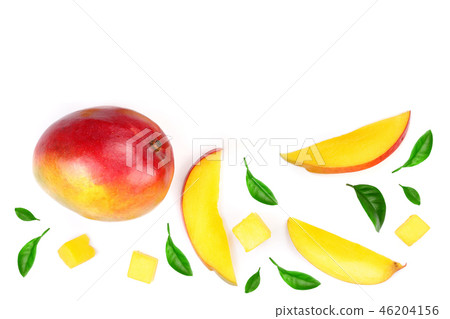 half of Mango fruit decorated with leaves isolated on white background with copy space for your text 46204156