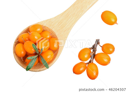 Sea buckthorn. Fresh ripe berry in woden spoon with leaves isolated on white background. Top view Sea buckthorn. Fresh ripe berry in woden spoon with leaves isolated on white background. Top view 46204307