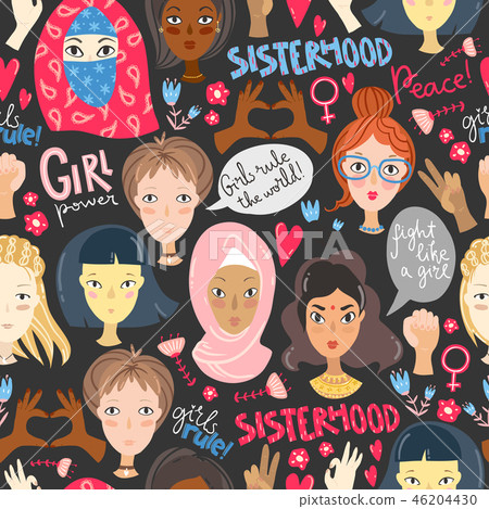 Feminism. Seamless pattern with women portraits and feminism sig 46204430