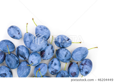 plums isolated on a white background with copy space for your text. Top view. Flat lay pattern plums isolated on a white background with copy space for your text. Top view. Flat lay pattern 46204449