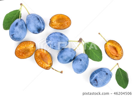 plums with leaf isolated on a white background with copy space for your text. Top view. Flat lay 46204506