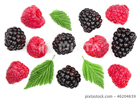 blackberry and raspberry with leaves isolated on white background. Top view. Flat lay pattern 46204639