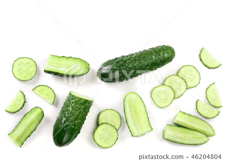 Cucumber slices isolated on white background with copy space for your text. Top view. Flat lay 46204804