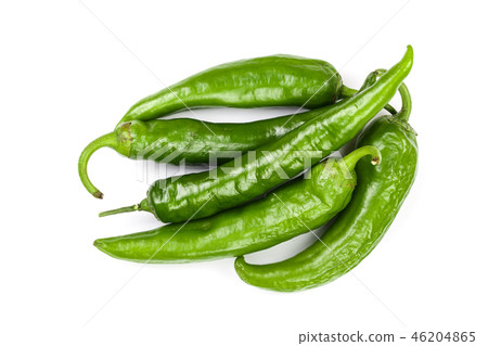 green hot chili peppers isolated on white background. Top view. Flat lay pattern green hot chili peppers isolated on white background. Top view. Flat lay pattern 46204865