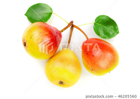 Three ripe red yellow pear fruits with leaf isolated on white background. Top view. Flat lay pattern 46205560