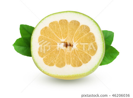 slice of Citrus Sweetie or Pomelit, oroblanco with leaf isolated on white background close-up 46206036