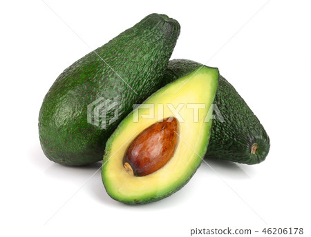 whole and half avocado isolated on white background close-up. Top view 46206178