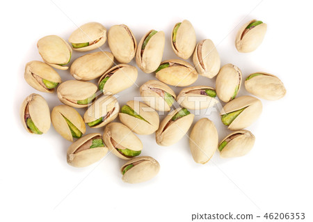 Pistachios isolated on white background, top view. Flat lay 46206353