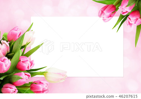Pink tulip flowers corners and white card 46207615