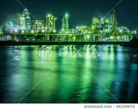 Himaji市Harima海邊工業區Daicel化工廠工廠夜視圖 46208658