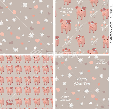 Vector set collection. Seamless patterns with pigs, snowflakes and hearts on a beige background. 46208716
