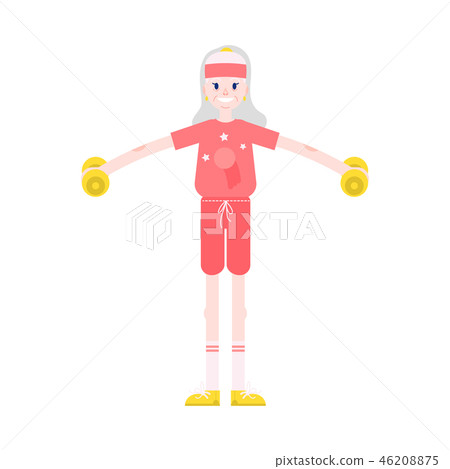 Vector illustration of grandmother raising hand with weights in flat style. 46208875