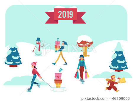 Vector illustration of winter banner with people walking on snow with shopping bags and gift boxes. Vector illustration of winter banner with people walking on snow with shopping bags and gift boxes. 46209003