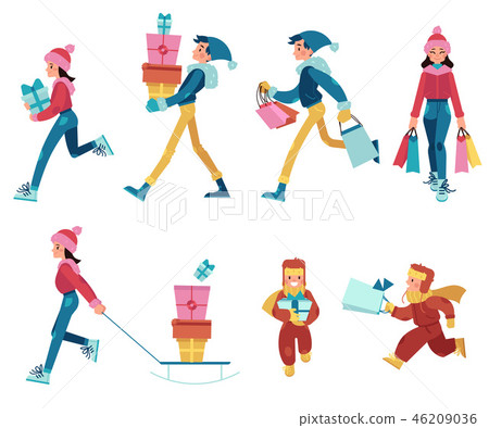Vector illustration set of people in winter clothes with shopping bags and present boxes for Vector illustration set of people in winter clothes with shopping bags and present boxes for 46209036