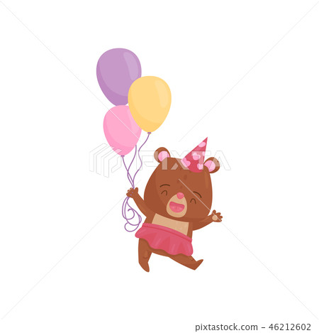 Happy girl bear in pink skirt and party hat, holding colorful balloons. Humanized animal. Flat Happy girl bear in pink skirt and party hat, holding colorful balloons. Humanized animal. Flat 46212602