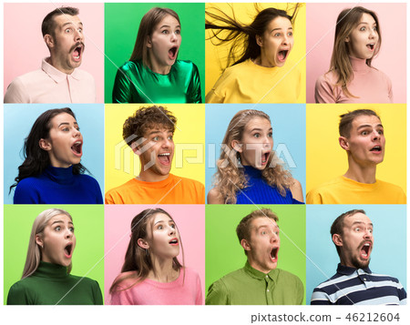The woman and man screaming with open mouth isolated on yellow background, concept face emotion The woman and man screaming with open mouth isolated on yellow background, concept face emotion 46212604