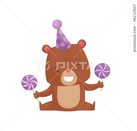 Smiling little bear in party hat, holding sweet lollipops in paws. Cute humanized animal. Flat 46212607