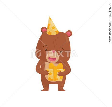 Adorable brown bear holding preset in paws. Humanized forest animal. Flat vector element for 46212638