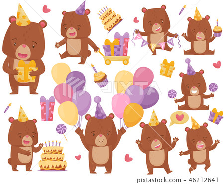 Flat vector set of happy brown bear in different actions. Funny humanized animal in party hat 46212641