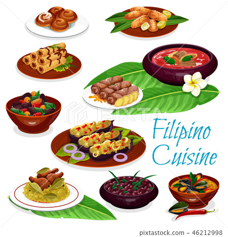 Filipino dishes with meat, seafood, fruit pastry 46212998