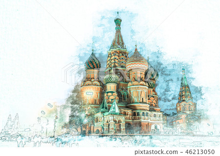 watercolor sketch painting of St. Basil Cathedral, 46213050