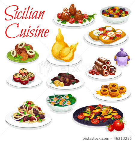 Sicilian veggies seafood dish, pastry dessert 46213255