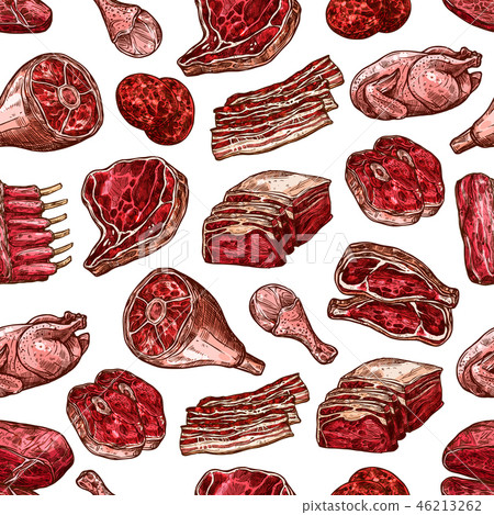 Meat, beef, pork and chicken cuts seamless pattern Meat, beef, pork and chicken cuts seamless pattern 46213262