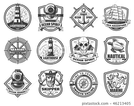 Sea anchor, sailing ship and helm. Nautical badges 46213405