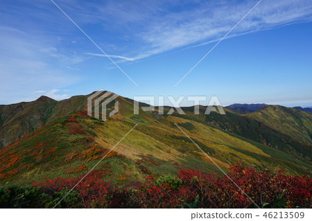 The autumn leaves of the Asahi mountain main ridge line and the distant view of Mt. 46213509