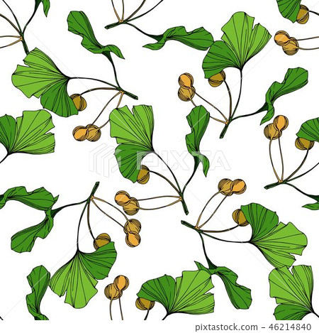Vector Green ginkgo leaf. Engraved ink art. Seamless background pattern. Fabric wallpaper print Vector Green ginkgo leaf. Engraved ink art. Seamless background pattern. Fabric wallpaper print 46214840