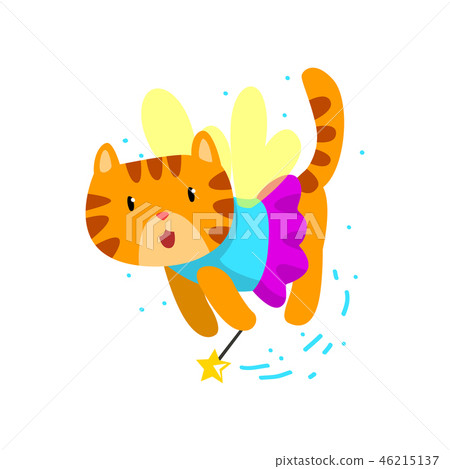 Cute winged red cat with a magic wand, fantasy fairy tale animal cartoon character vector Cute winged red cat with a magic wand, fantasy fairy tale animal cartoon character vector 46215137