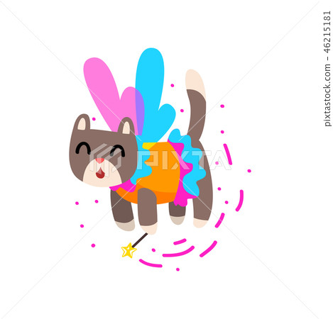 Cute winged cat with a magic wand, fantasy fairy tale animal cartoon character vector Illustration Cute winged cat with a magic wand, fantasy fairy tale animal cartoon character vector Illustration 46215181
