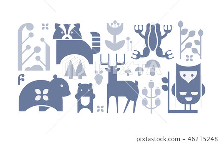 Flat vector set of monochrome forest icons. Cute cartoon animals and plants. Decorative elements for 46215248