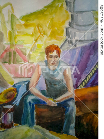 Watercolor painting, a person sits in a cargo port. Rest of the employee. Watercolor painting, a person sits in a cargo port. Rest of the employee. 46215608