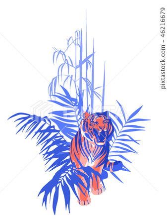 Walking and snarling tiger surrounded by tropical leaves. 46216679